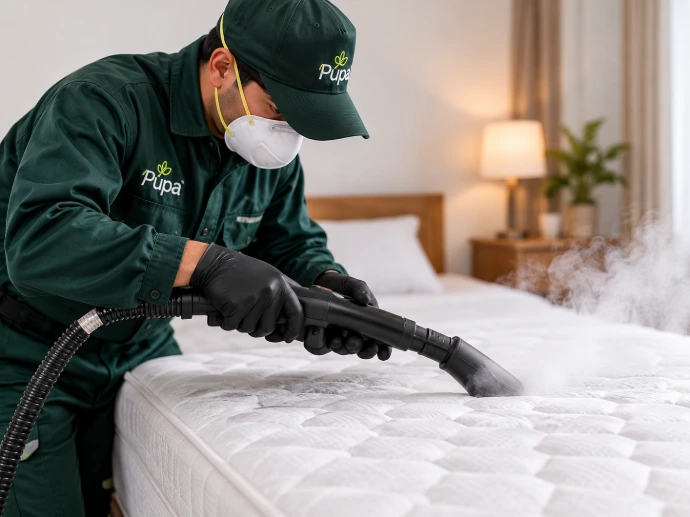 Técnico de Pupa Plagas aplicando vapor en colchón para control de chinches de cama